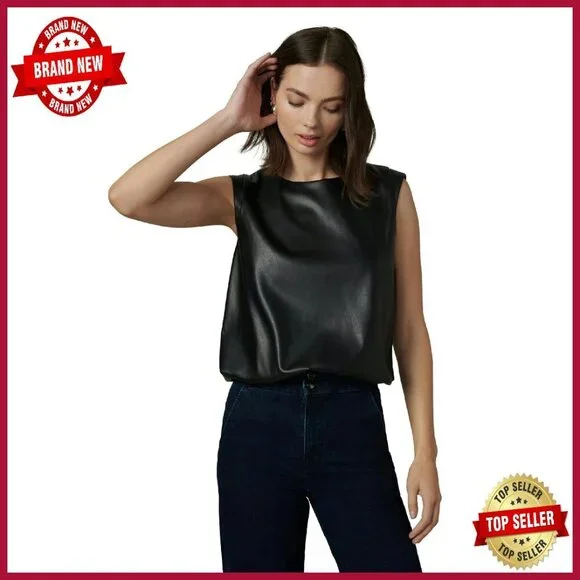 Vegan Leather Sleeveless Tee with Strong Shoulder Detailing and Bubble Hem